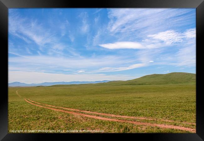 A track across a Mongolian grassland with mountains in the background Framed Print by SnapT Photography