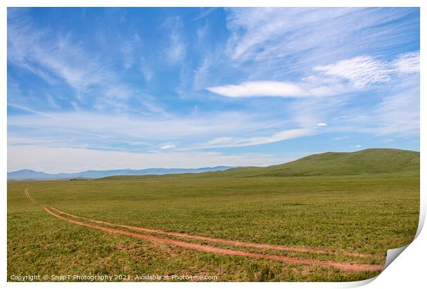 A track across a Mongolian grassland with mountains in the background Print by SnapT Photography