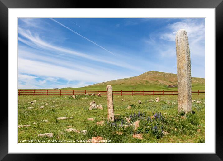 Standing deer stones on a Mongolian hill Framed Mounted Print by SnapT Photography