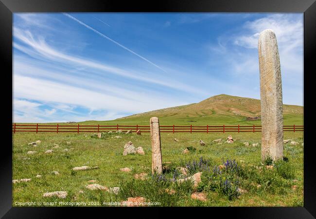 Standing deer stones on a Mongolian hill Framed Print by SnapT Photography