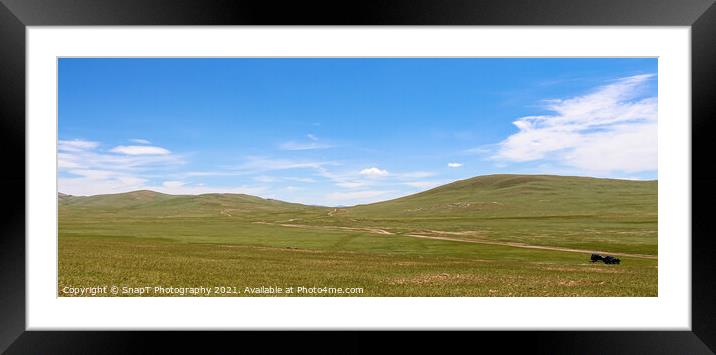 Tour guides parked on the Mongolian grassland Framed Mounted Print by SnapT Photography