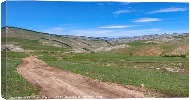 Dirt track leading up a Mongolian grassland valley on a summer day Canvas Print by SnapT Photography