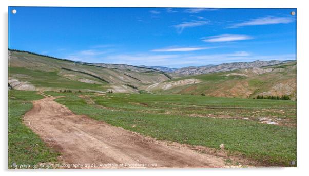 Dirt track leading up a Mongolian grassland valley on a summer day Acrylic by SnapT Photography