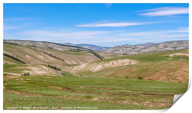 Rolling Mongolian hills and mountains, with a blue cloudy sky Print by SnapT Photography