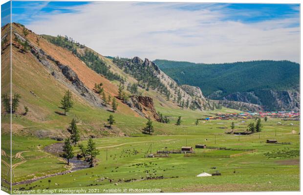 A view down a river valley, with the town of Altraga in the distance, Mongolia Canvas Print by SnapT Photography