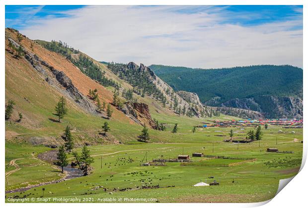 A view down a river valley, with the town of Altraga in the distance, Mongolia Print by SnapT Photography