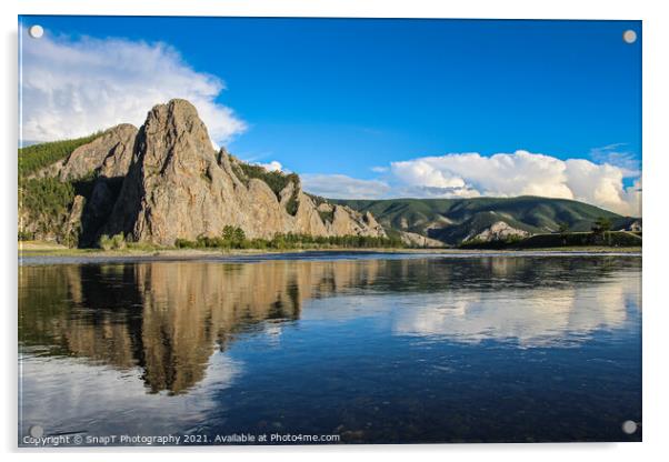 A mountain reflecting on the Delger Murun River in Mongolia in the evening sun Acrylic by SnapT Photography