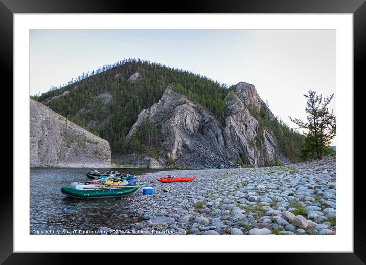 Fishing rafts and kayaks on a gravel bank on a Mongolian river canyon Framed Mounted Print by SnapT Photography