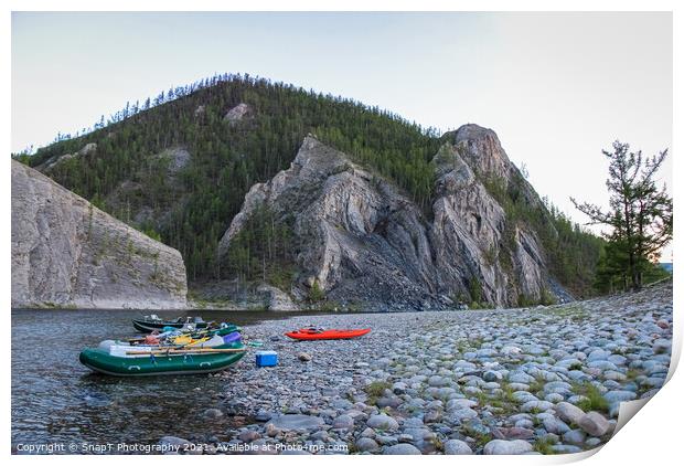 Fishing rafts and kayaks on a gravel bank on a Mongolian river canyon Print by SnapT Photography