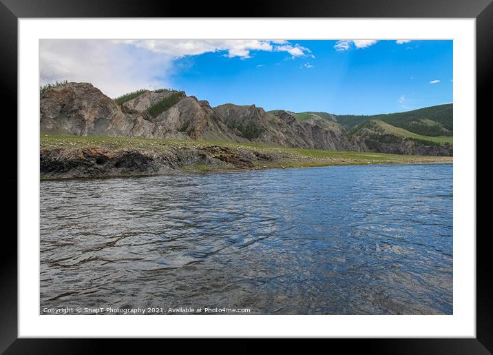 A fast river in Mongolia, with mountains and blue sky Framed Mounted Print by SnapT Photography