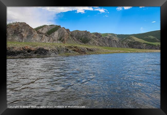 A fast river in Mongolia, with mountains and blue sky Framed Print by SnapT Photography