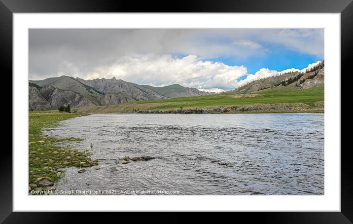 A fast river in Mongolia, with mountains and blue sky Framed Mounted Print by SnapT Photography