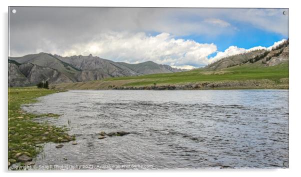 A fast river in Mongolia, with mountains and blue sky Acrylic by SnapT Photography