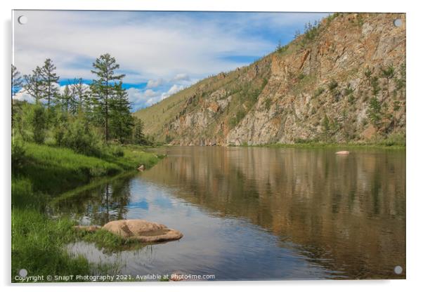 A stunning mountain reflection on a river in Mongolian on a sunny day Acrylic by SnapT Photography