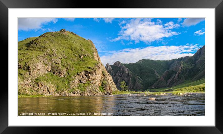 Evening sun and mountain reflection on a Mongolian River, above a set of rapids Framed Mounted Print by SnapT Photography