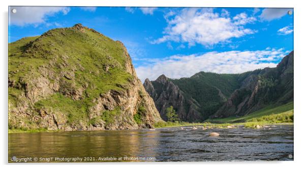 Evening sun and mountain reflection on a Mongolian River, above a set of rapids Acrylic by SnapT Photography