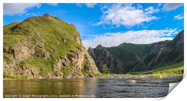 Evening sun and mountain reflection on a Mongolian River, above a set of rapids Print by SnapT Photography