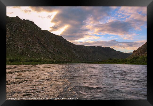 Sunset and twlght over a fast flowing river in Mongolia Framed Print by SnapT Photography