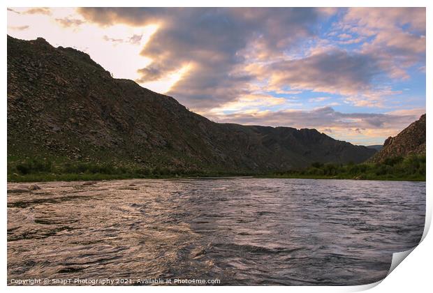 Sunset and twlght over a fast flowing river in Mongolia Print by SnapT Photography