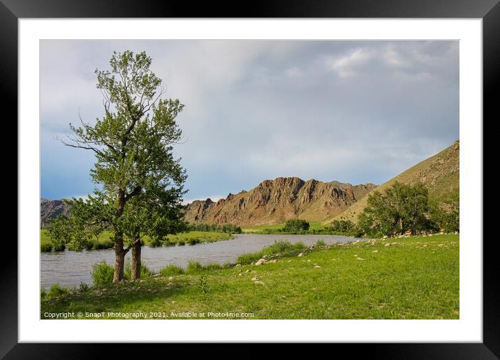 Late summer evening in Mongolia, with river, grassland and mountains Framed Mounted Print by SnapT Photography