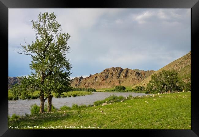 Late summer evening in Mongolia, with river, grassland and mountains Framed Print by SnapT Photography
