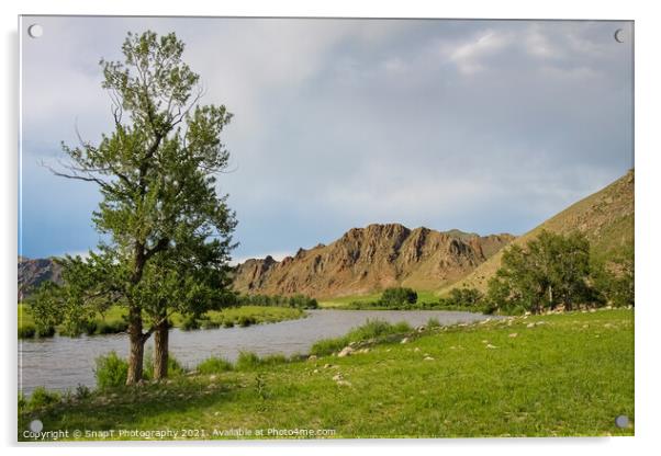 Late summer evening in Mongolia, with river, grassland and mountains Acrylic by SnapT Photography