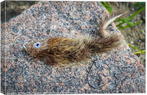 A mouse pattern fly on a rock, used for big trout and taimen fishing Canvas Print by SnapT Photography