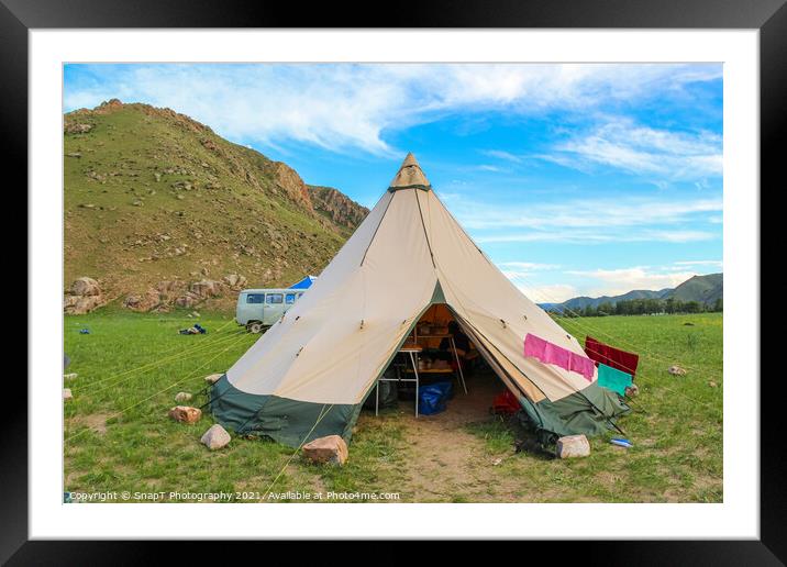 The camp cooking tent in Mongolia at sunset Framed Mounted Print by SnapT Photography