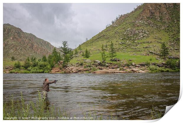 Fly fisherman casting a fly on a river in Mongolia during the summer, Moron, Mongolia Print by SnapT Photography
