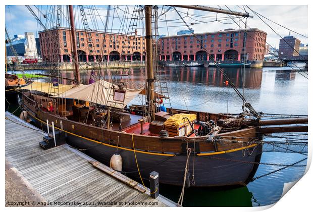 Tall Ship Zebu in Royal Albert Dock, Liverpool Print by Angus McComiskey