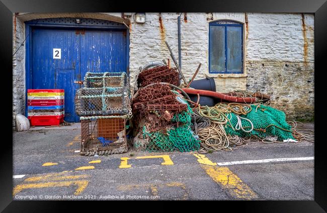 Lobster Pots and fishing tackle, Aberystwyth Harbour Framed Print by Gordon Maclaren