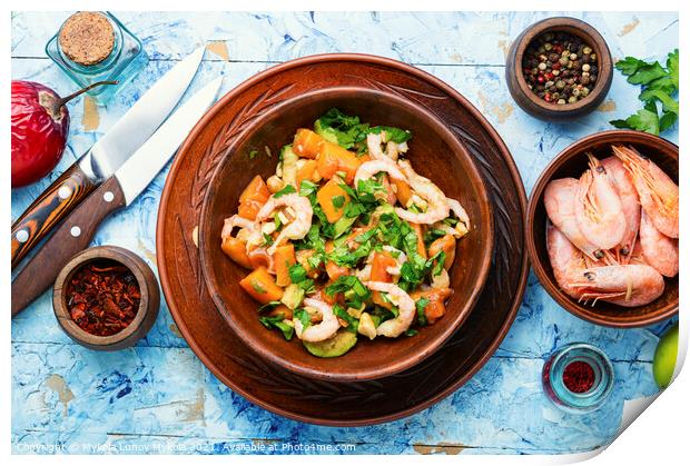 Salad with tamarillo,shrimps and avocado Print by Mykola Lunov Mykola