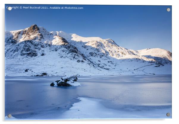 Snowy Y Garn across Frozen Llyn Idwal Snowdonia Acrylic by Pearl Bucknall