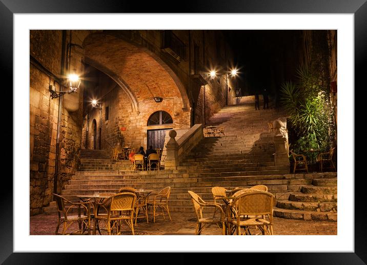 Sant Domenec Stairs in Girona at Night Framed Mounted Print by Artur Bogacki