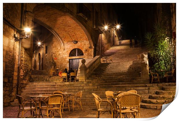 Sant Domenec Stairs in Girona at Night Print by Artur Bogacki