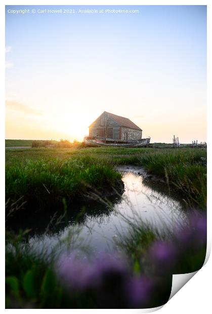 Boat House at Sunset, Thornham, Norfolk Print by Carl Howell