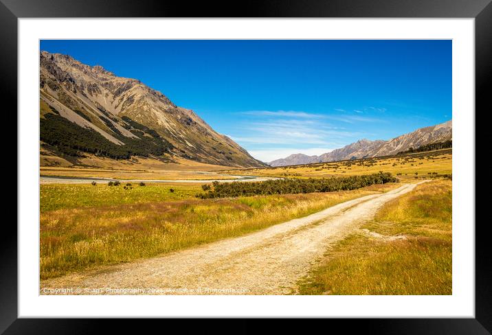 A track in the upper Ahuriri River valley on a sunny summers day Framed Mounted Print by SnapT Photography