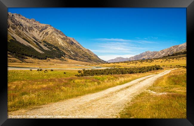 A track in the upper Ahuriri River valley on a sunny summers day Framed Print by SnapT Photography