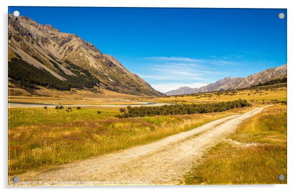 A track in the upper Ahuriri River valley on a sunny summers day Acrylic by SnapT Photography