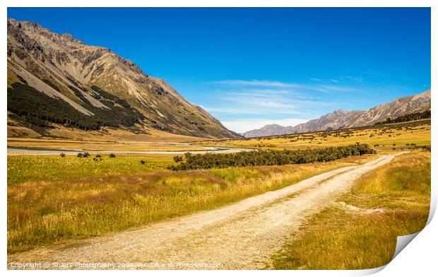 A track in the upper Ahuriri River valley on a sunny summers day Print by SnapT Photography