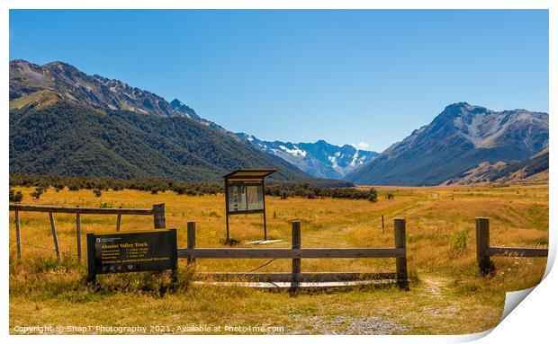The entrance to Ahuriri Conservation Park in Mackenzie basin, Canterbury Print by SnapT Photography