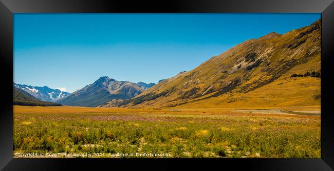 A meadow in the Ahuriri Valley, surrounded by mountains, Canterbury, New Zealand Framed Print by SnapT Photography