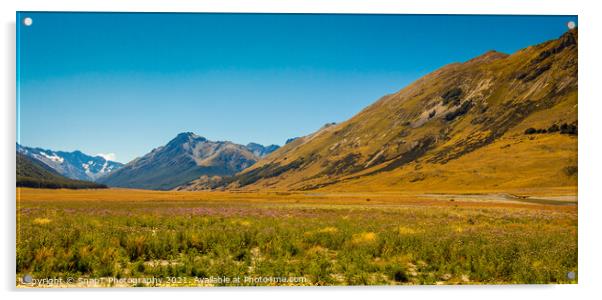 A meadow in the Ahuriri Valley, surrounded by mountains, Canterbury, New Zealand Acrylic by SnapT Photography