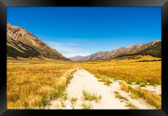 The Ahuriri track, in the conservation park, leading through a grassland valley Framed Print by SnapT Photography