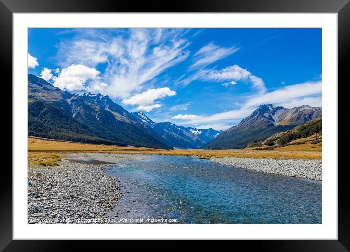The upper Ahuriri River on a sunny day, surrounded by snow capped mountains Framed Mounted Print by SnapT Photography