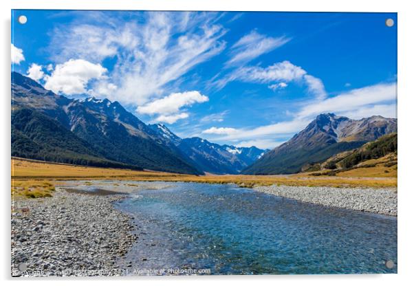 The upper Ahuriri River on a sunny day, surrounded by snow capped mountains Acrylic by SnapT Photography