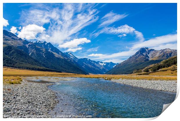The upper Ahuriri River on a sunny day, surrounded by snow capped mountains Print by SnapT Photography