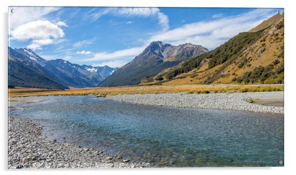 A shallow, fast flowing river, in the mountains of New Zealand on a sunny day Acrylic by SnapT Photography