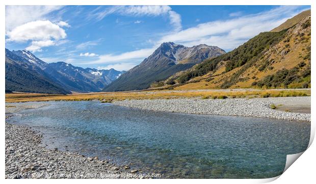 A shallow, fast flowing river, in the mountains of New Zealand on a sunny day Print by SnapT Photography