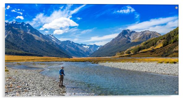 An Angler fly fishing for trout on the Ahuriri river, surrounded by mountains Acrylic by SnapT Photography